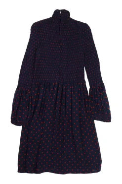 Navy and red smocked silk graphic square print high-collar A-line dress with Juliette sleeves