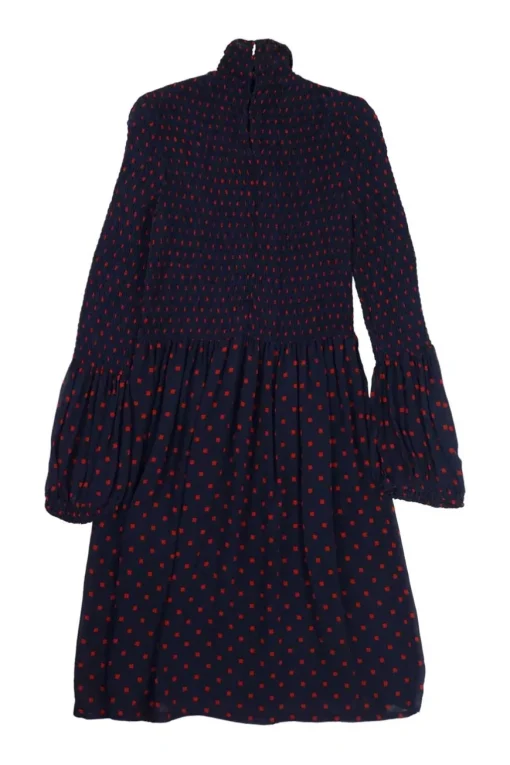 Navy and red smocked silk graphic square print high-collar A-line dress with Juliette sleeves