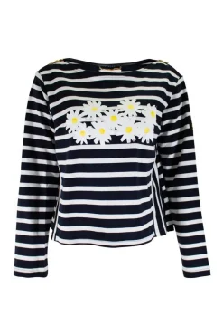 Navy and white striped top with daisies