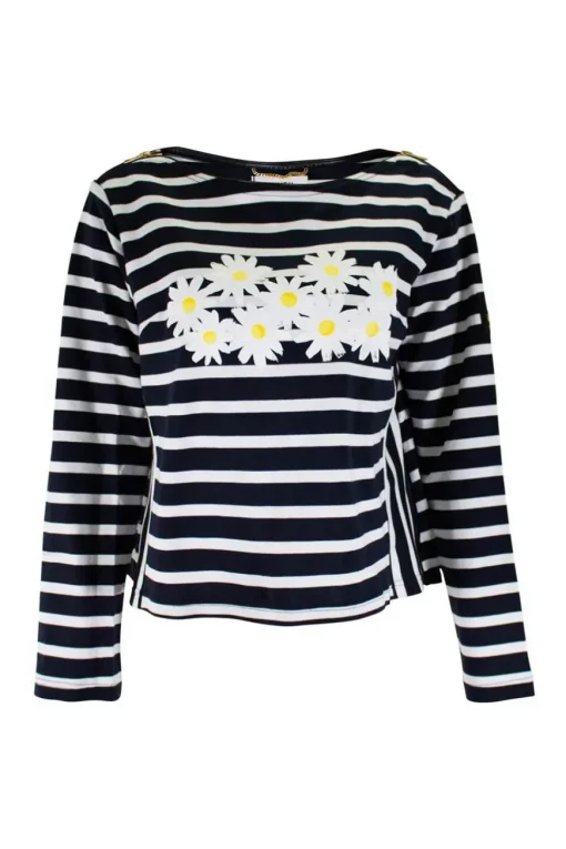 Navy and white striped top with daisies