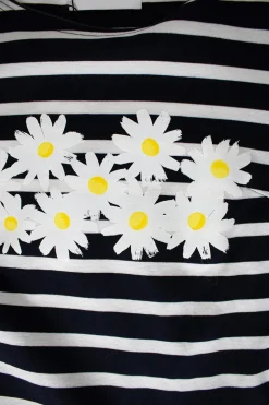 Navy and white striped top with daisies