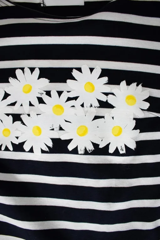 Navy and white striped top with daisies