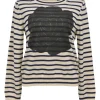 Navy and white striped wool button-back cardigan featuring floral motif