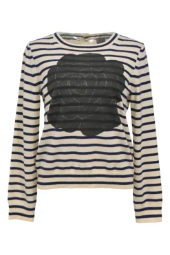 Navy and white striped wool button-back cardigan featuring floral motif
