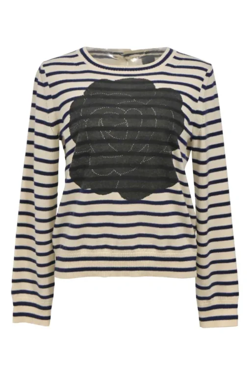 Navy and white striped wool button-back cardigan featuring floral motif
