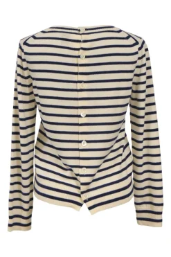 Navy and white striped wool button-back cardigan featuring floral motif