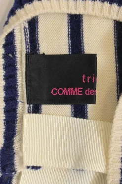 Navy and white striped wool button-back cardigan featuring floral motif