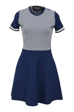 Navy and white viscose V jacquard knit short sleeve skater dress