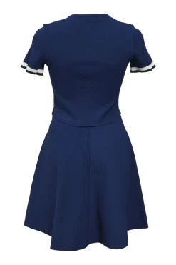 Navy and white viscose V jacquard knit short sleeve skater dress