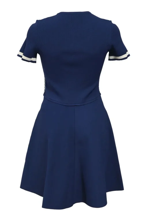 Navy and white viscose V jacquard knit short sleeve skater dress