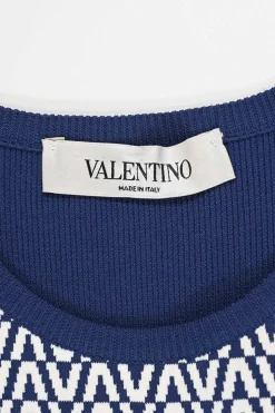 Navy and white viscose V jacquard knit short sleeve skater dress