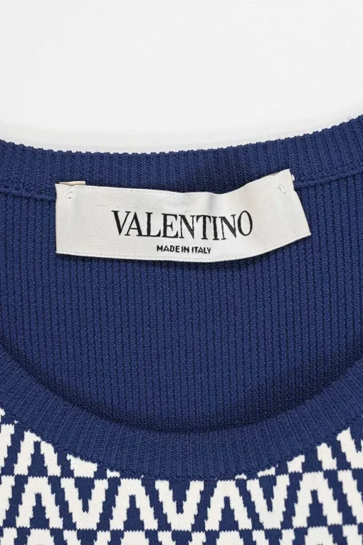 Navy and white viscose V jacquard knit short sleeve skater dress