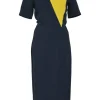 Navy and yellow paneled short sleeve sheath dress with slash shoulder