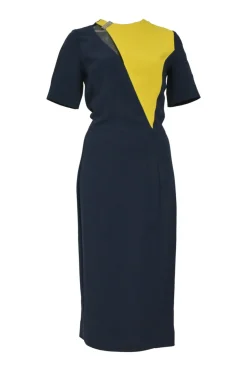 Navy and yellow paneled short sleeve sheath dress with slash shoulder