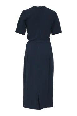 Navy and yellow paneled short sleeve sheath dress with slash shoulder