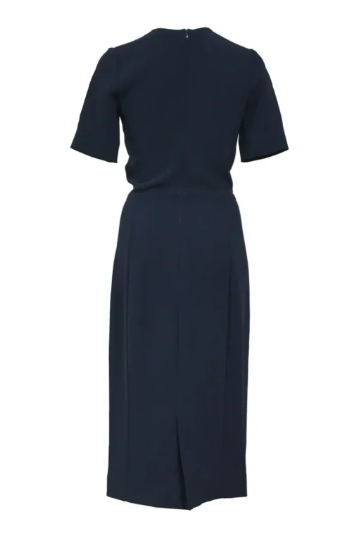Navy and yellow paneled short sleeve sheath dress with slash shoulder