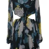 Navy and yellow viscose floral print long sleeve open-back mini dress with side cutouts