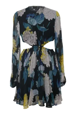 Navy and yellow viscose floral print long sleeve open-back mini dress with side cutouts