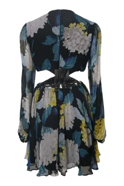 Navy and yellow viscose floral print long sleeve open-back mini dress with side cutouts