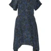 Navy bias-cut silk floral print cap sleeve A-line knee-length dress with handkerchief hem