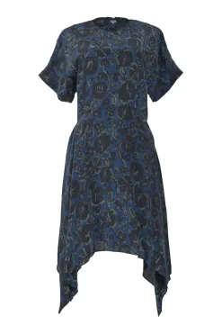 Navy bias-cut silk floral print cap sleeve A-line knee-length dress with handkerchief hem