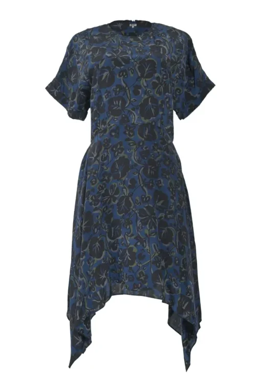 Navy bias-cut silk floral print cap sleeve A-line knee-length dress with handkerchief hem