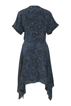 Navy bias-cut silk floral print cap sleeve A-line knee-length dress with handkerchief hem