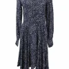 Navy bias-cut silk star print long sleeve shirt dress with spread collar and handkerchief skirt