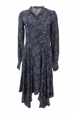 Navy bias-cut silk star print long sleeve shirt dress with spread collar and handkerchief skirt