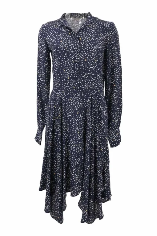 Navy bias-cut silk star print long sleeve shirt dress with spread collar and handkerchief skirt