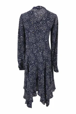Navy bias-cut silk star print long sleeve shirt dress with spread collar and handkerchief skirt