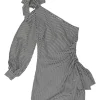 Navy bias-cut viscose-blend striped one-shoulder ruched mini dress with bow-embellished shoulder
