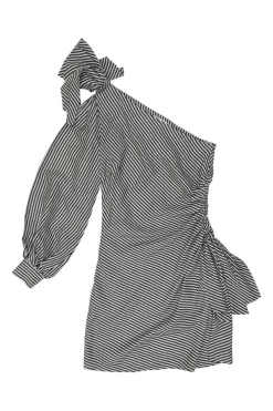 Navy bias-cut viscose-blend striped one-shoulder ruched mini dress with bow-embellished shoulder