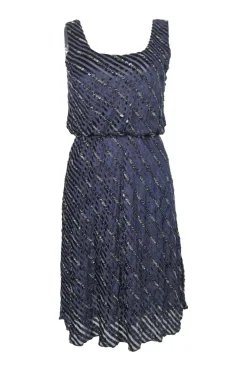 Navy bias-cut viscose-blend embellished striped devoré velvet knee-length blouson dress with bead broderie motif