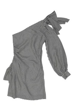 Navy bias-cut viscose-blend striped one-shoulder ruched mini dress with bow-embellished shoulder