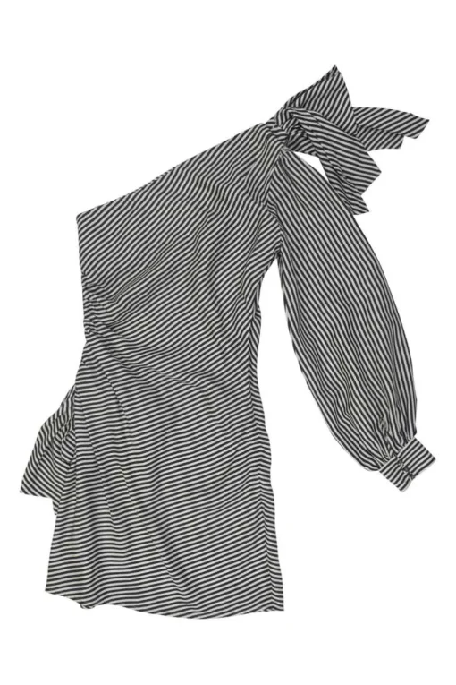 Navy bias-cut viscose-blend striped one-shoulder ruched mini dress with bow-embellished shoulder