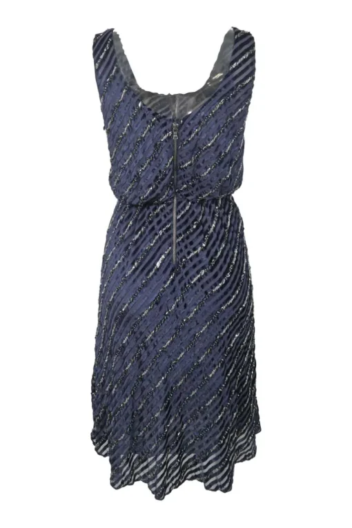 Navy bias-cut viscose-blend embellished striped devoré velvet knee-length blouson dress with bead broderie motif