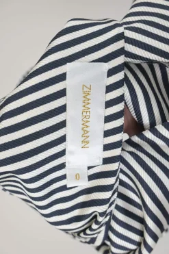 Navy bias-cut viscose-blend striped one-shoulder ruched mini dress with bow-embellished shoulder