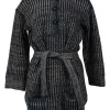Navy blue and ecru silk-cotton-cashmere knit half-button tunic top with detachable belt