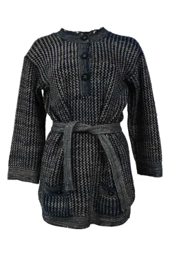 Navy blue and ecru silk-cotton-cashmere knit half-button tunic top with detachable belt
