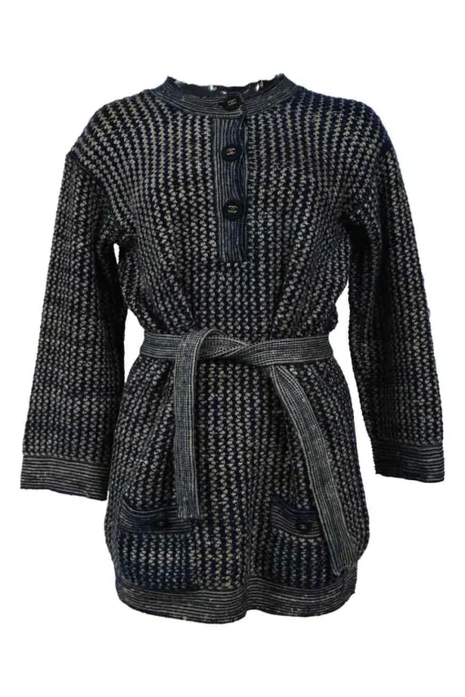Navy blue and ecru silk-cotton-cashmere knit half-button tunic top with detachable belt