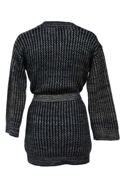 Navy blue and ecru silk-cotton-cashmere knit half-button tunic top with detachable belt