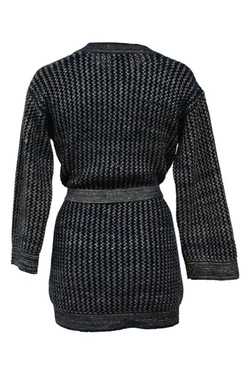 Navy blue and ecru silk-cotton-cashmere knit half-button tunic top with detachable belt