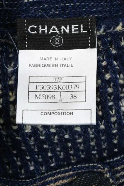 Navy blue and ecru silk-cotton-cashmere knit half-button tunic top with detachable belt