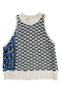 Navy, blue and white pattern knit vest top
