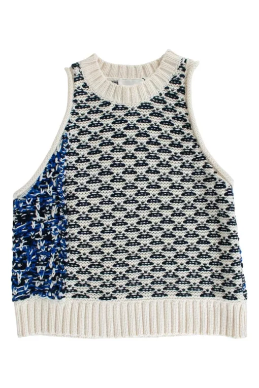 Navy, blue and white pattern knit vest top