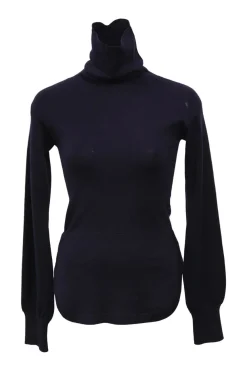 Navy blue cashmere and silk-blend jersey knit turtleneck sweater with round hem