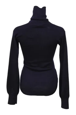 Navy blue cashmere and silk-blend jersey knit turtleneck sweater with round hem