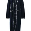 Navy blue cashmere V-neck cardigan with contrasting braid-embellished trimming