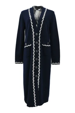 Navy blue cashmere V-neck cardigan with contrasting braid-embellished trimming
